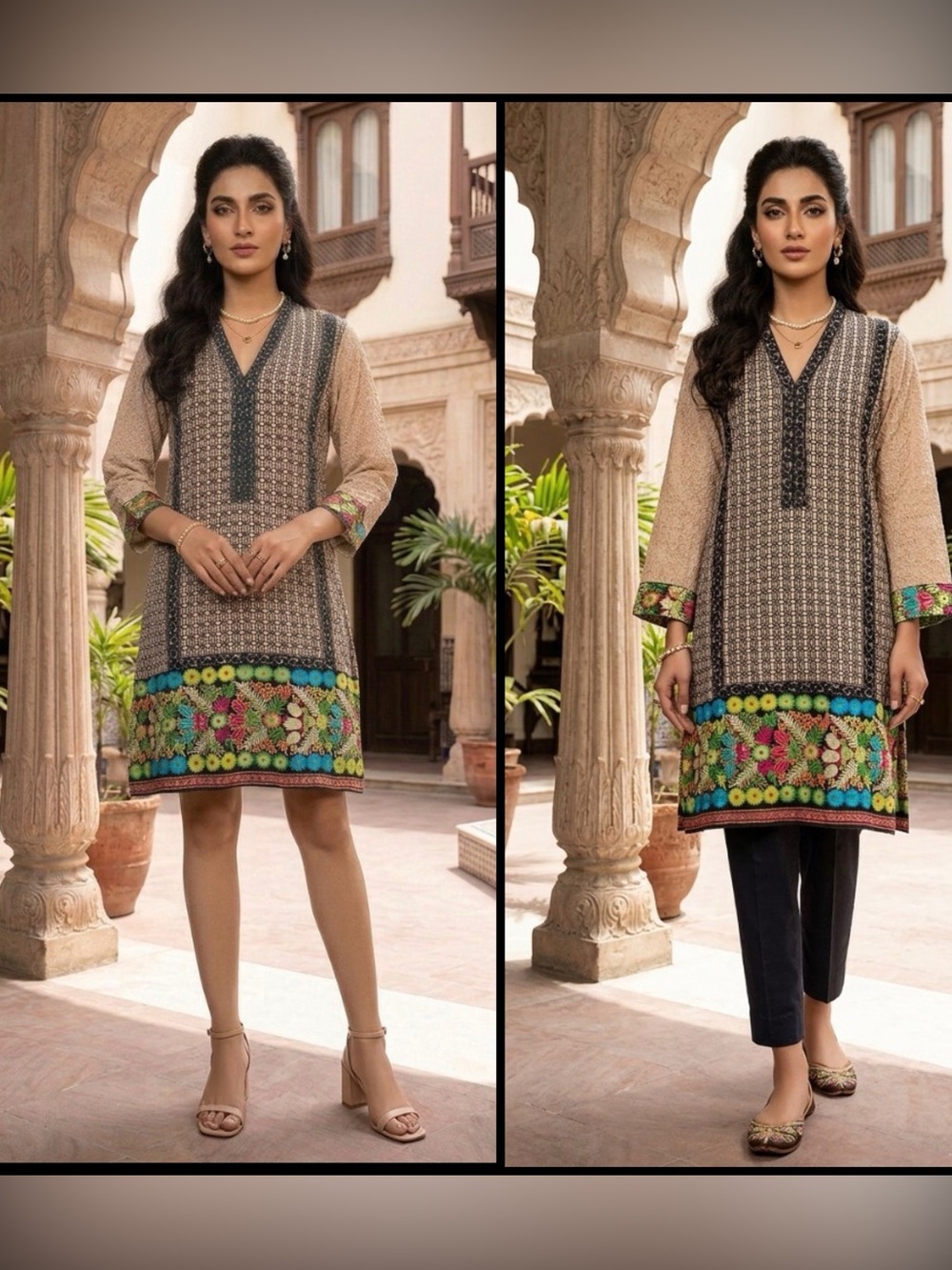 Khalid Khaas Kurti Pakistani Ethnic Border Print Contemporary Beige Tunic Top